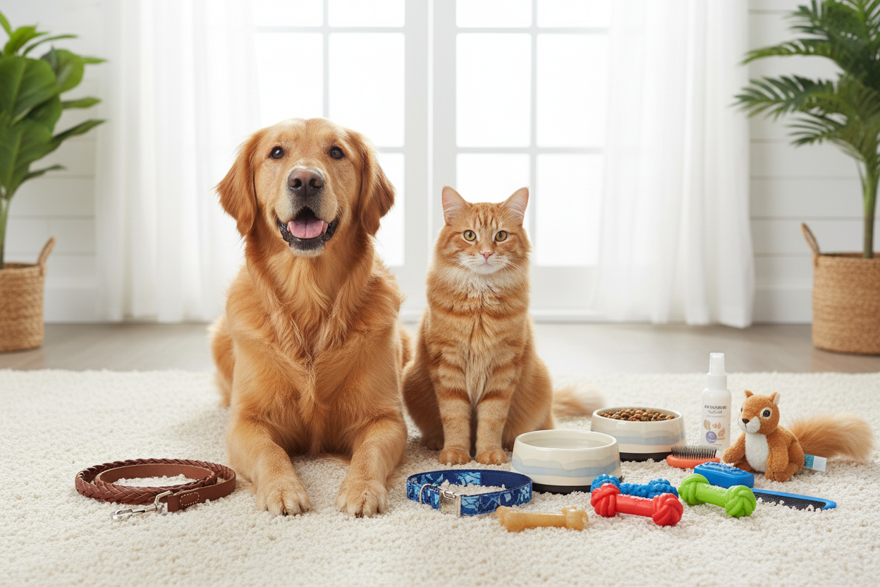 generate an image with a cat and a dog, next to them pet accessories